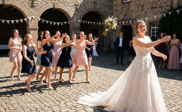 Braut wirft Hochzeitsstrauss